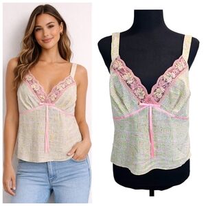 Coquette Lace Camisole Y2K Embellished Pastel Ribbon Empire Waist Top Medium
